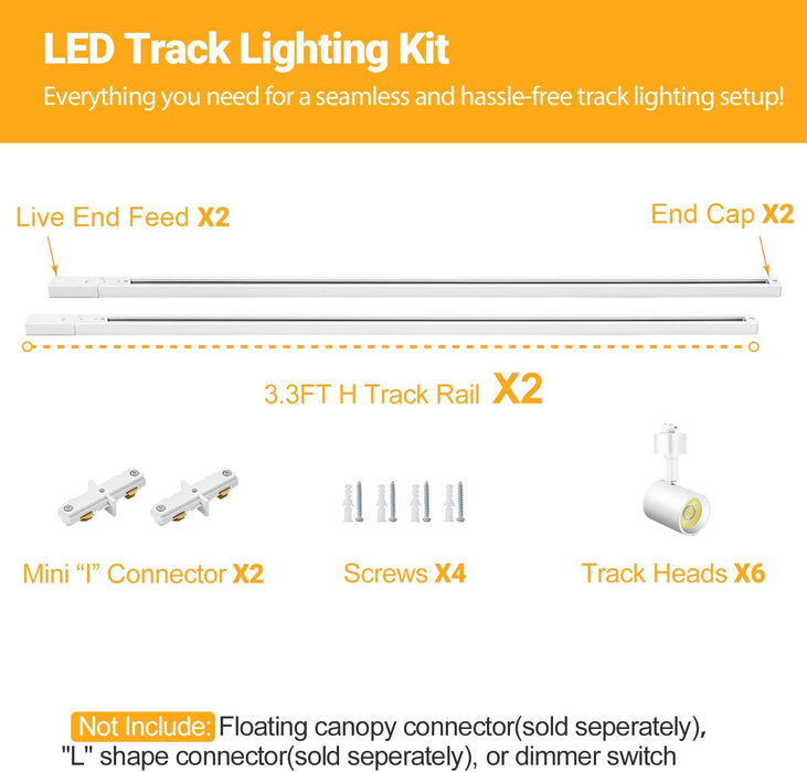 Plug in Track Lighting with Power Cord, 6-Light LED Track Lighting Kit with Track Rail & 10FT Plug Cord
