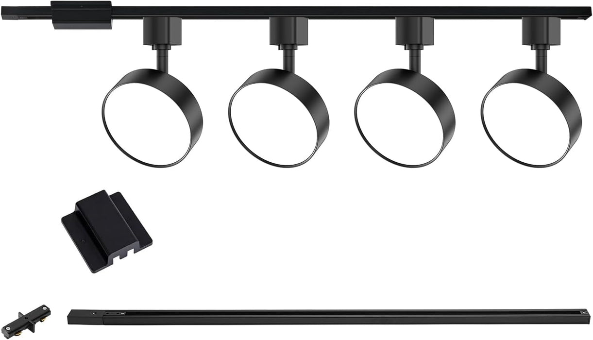 4-Lights LED Track Lighting Kit with 3.3FT H Track Rail & Canopy Connector, Modern Kitchen Track Lighting Fixtures Ceiling Flood Light Dimmable Flicker Free CRI90+ 3000K 12W 1000lm, Black