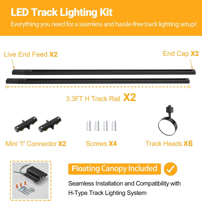 6-Lights LED Track Lighting Kit with 6.6FT H Track Rail & Canopy Connector, Modern Kitchen Track Lighting Fixtures Ceiling Flood Light Dimmable Flicker Free CRI90+ 3000K 12W 1000lm, Black