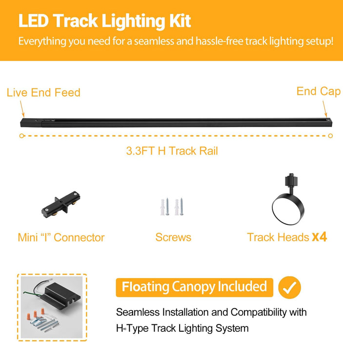 4-Lights LED Track Lighting Kit with 3.3FT H Track Rail & Canopy Connector, Modern Kitchen Track Lighting Fixtures Ceiling Flood Light Dimmable Flicker Free CRI90+ 3000K 12W 1000lm, Black