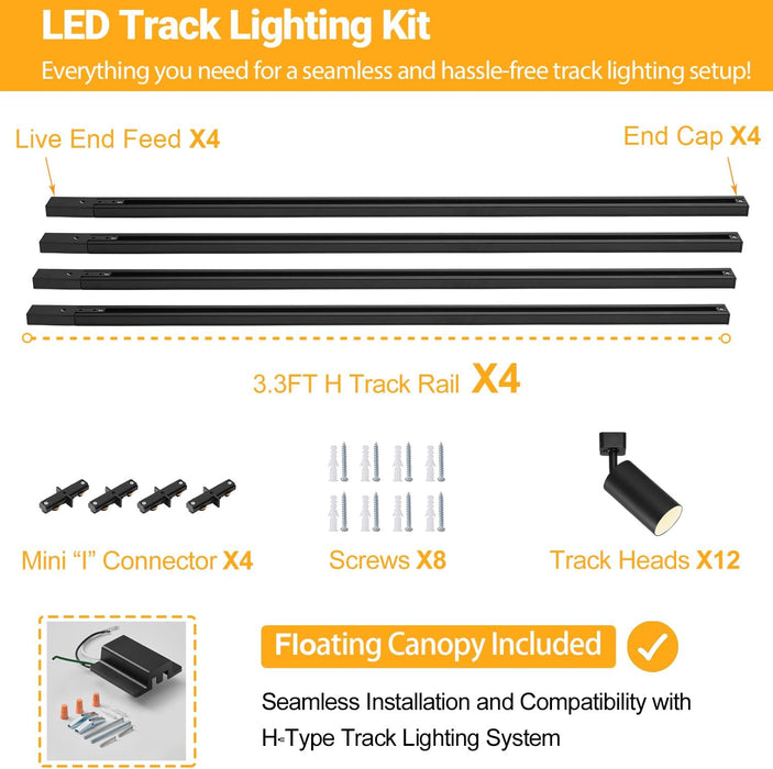 VANoopee 12-Light GU10 LED Track Lighting Kit, Black (No Bulbs)