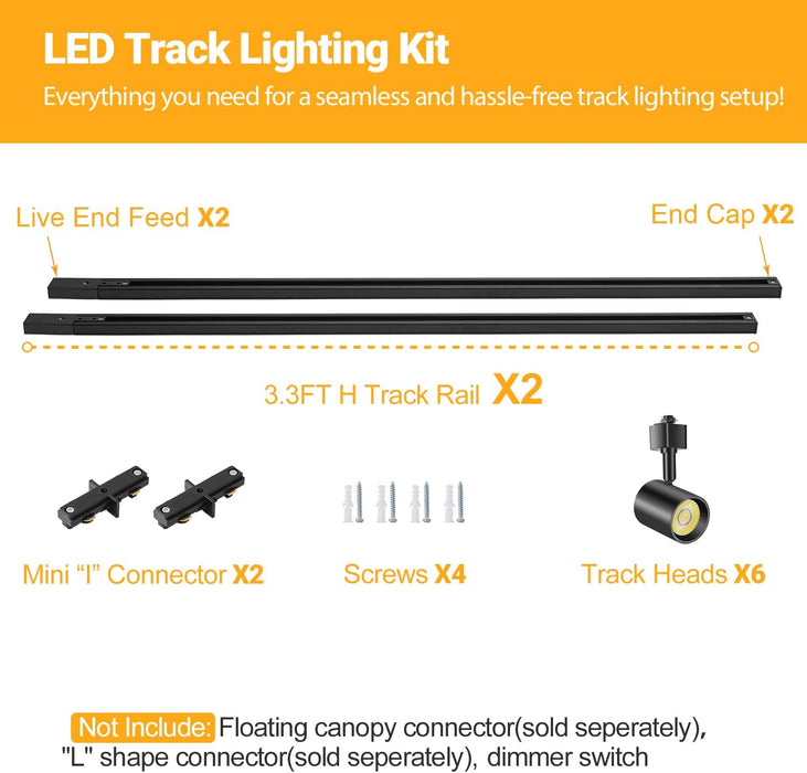 Plug in Track Lighting with Power Cord, 6-Light LED Track Lighting Kit with Track Rail & 10FT Plug Cord