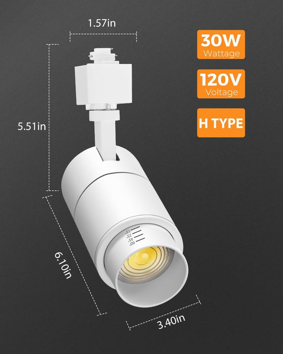 3-Color Zoomable 30W LED Track Lighting Heads H Type, 15°-60° 3000lm