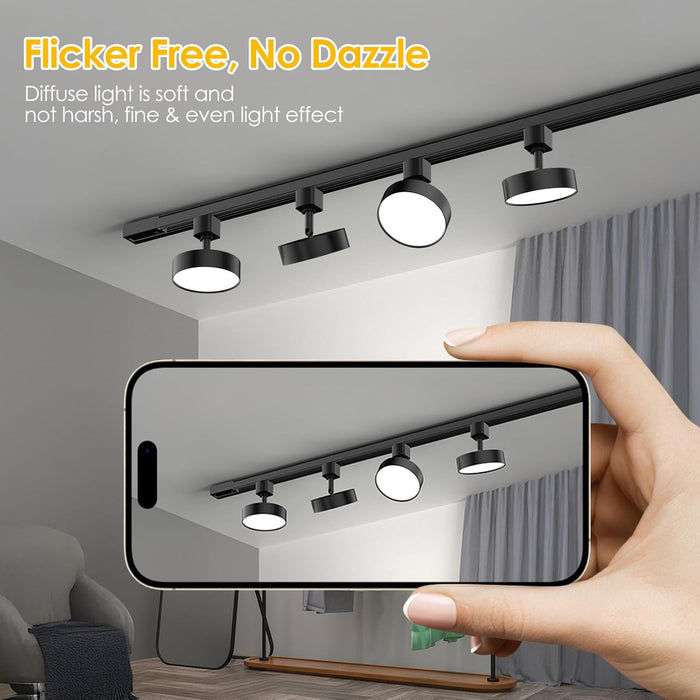 6-Lights LED Track Lighting Kit with 6.6FT H Track Rail & Canopy Connector, Modern Kitchen Track Lighting Fixtures Ceiling Flood Light Dimmable Flicker Free CRI90+ 3000K 12W 1000lm, Black