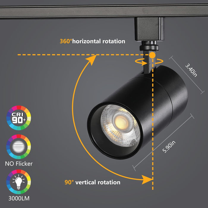 VANoopee 3-Color 30W H Track Lighting Heads Dimmable Bright LED Track Lighting Fixtures Accent Task Retail Kitchen Ceiling Spotlight Track Light H Type Pack of 4 - Flicker Free CRI90+ 36° 3000lm Black