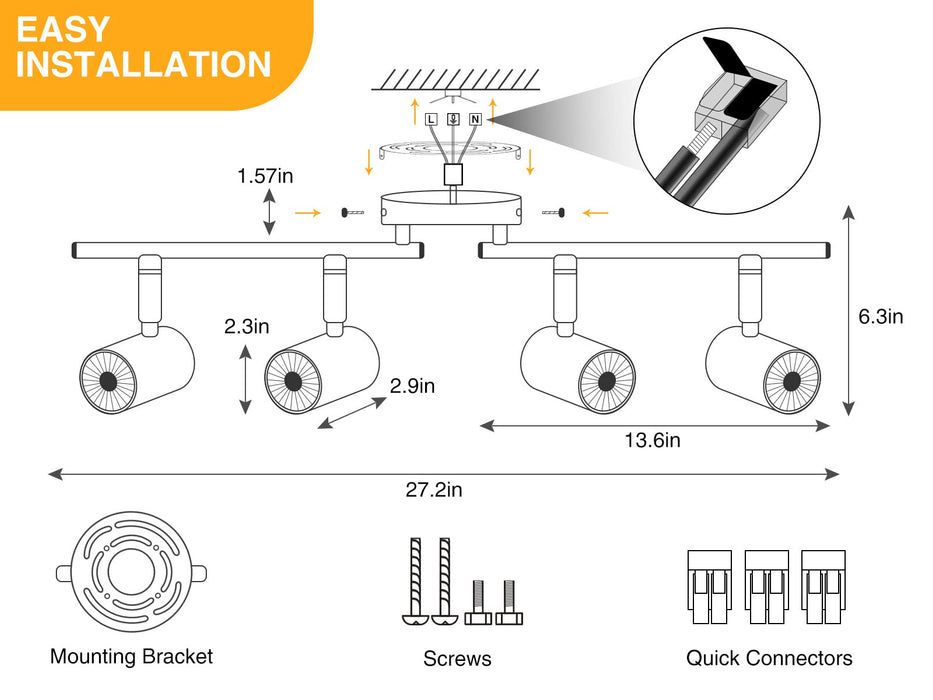 5-Color 4 Light Black LED Track Lighting Fixtures, 30W